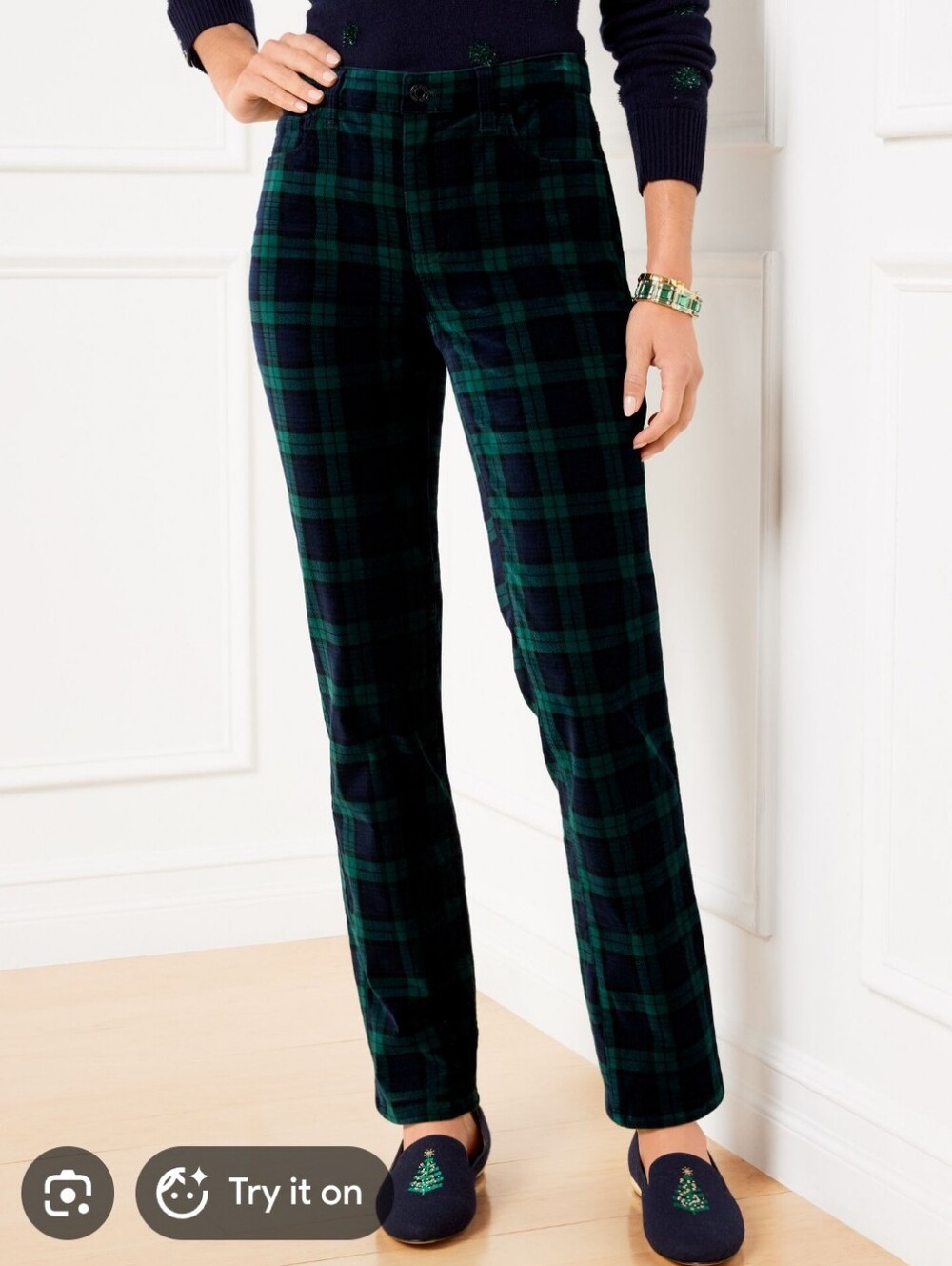 Talbots Straight Leg Velveteen Pants Black Watch Tartan Size 8 Holiday